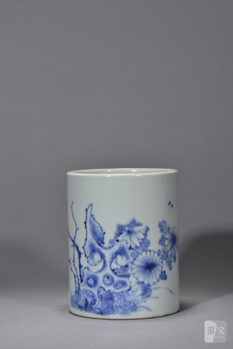 清康熙 青花花鸟纹笔筒 - 图3